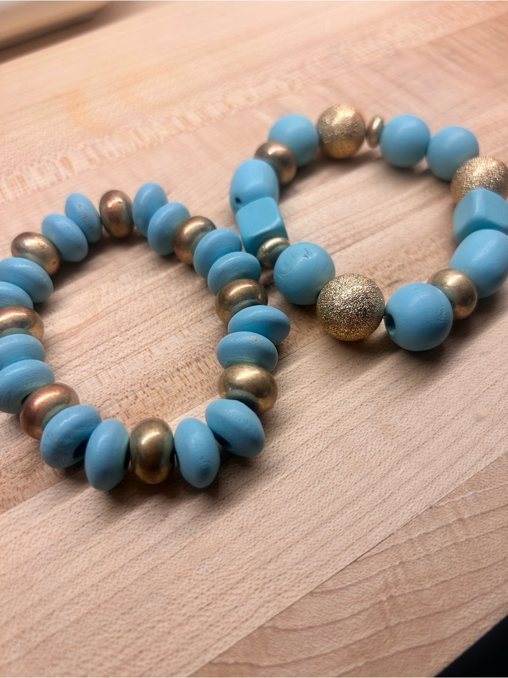 Turquoise Blue and Gold Beaded Stretch Bracelet Set